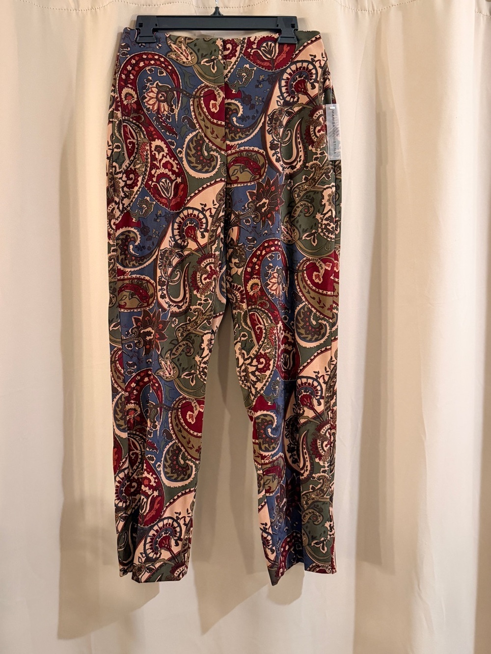 NWT Marisa Christina Paisley-Print Pants in Burgundy, Navy & Tan